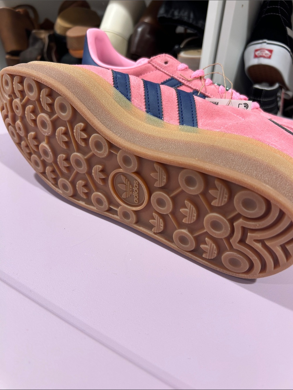 Platform adidas Pink Suede Sneakers with Navy Stripes and Gum Platform - Picture 3 of 4